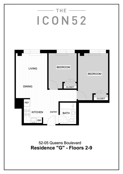 Floor plan for 2 beds, 1 bath, 805 sqft